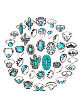 Turquoise Ring Set Boho Vintage Stackable Knuckle Midi Rings Silver Gold